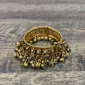 Vintage 80’s Indian Kashmiri Bell Hinged Cuff Bracelet Gold Tone Boho Statement